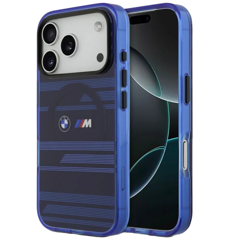 BMW MagSafe Transparent IML Case mit Metalltasten & Linien für iPhone 17 Pro - Blau