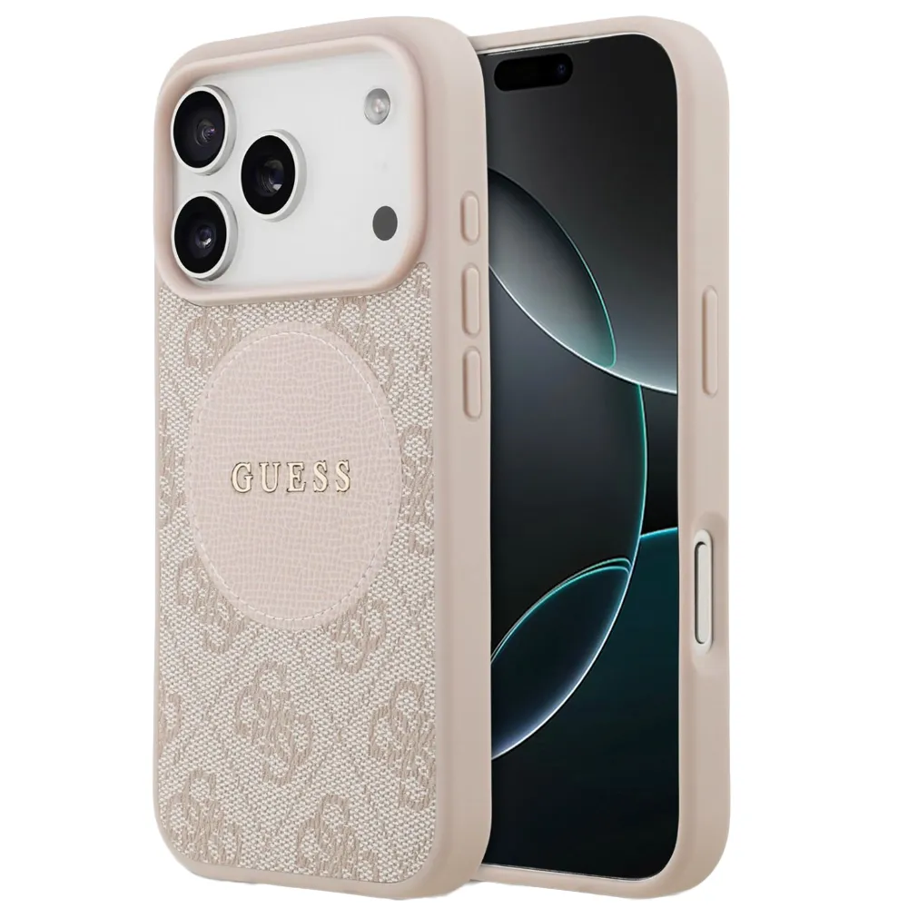 Guess MagSafe 4G PU Leder Case mit Rundem Patch Logo für iPhone 17 Pro Max - Pink
