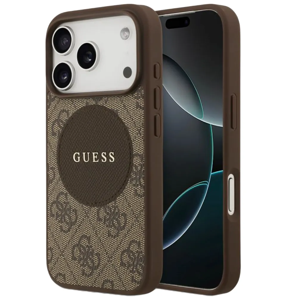 Guess MagSafe 4G PU Leder Case mit Rundem Patch Logo für iPhone 17 Pro - Braun