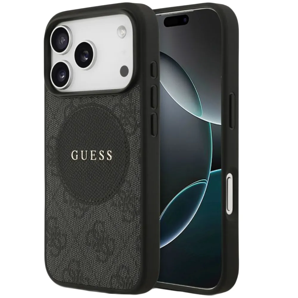 Guess MagSafe 4G PU Leder Case mit Rundem Patch Logo für iPhone 17 Pro Max – Schwarz