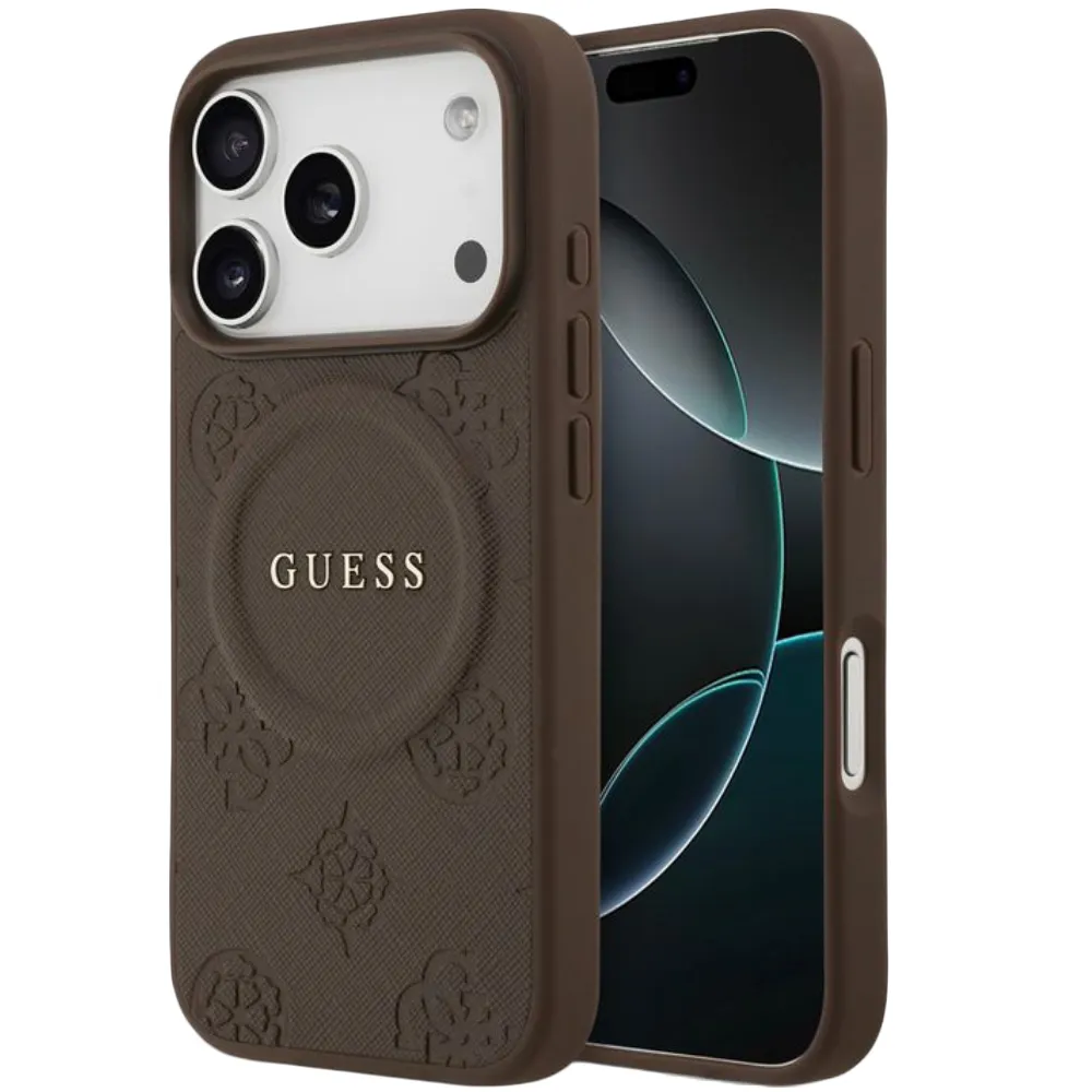 Guess MagSafe PU Leder Case mit Peony Hot Stamp Logo für iPhone 17 Pro – Braun
