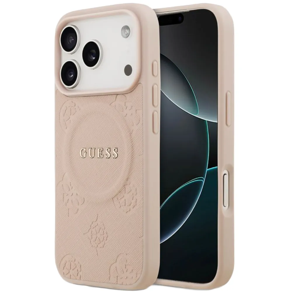 Guess MagSafe PU Leder Case mit Peony Hot Stamp Logo für iPhone 17 Pro – Pink