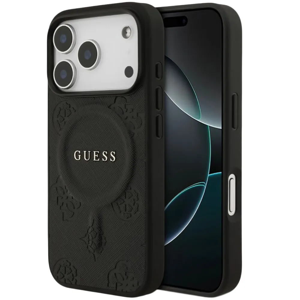 Guess MagSafe PU Leder Case mit Peony Hot Stamp Logo für iPhone 17 Pro – Schwarz