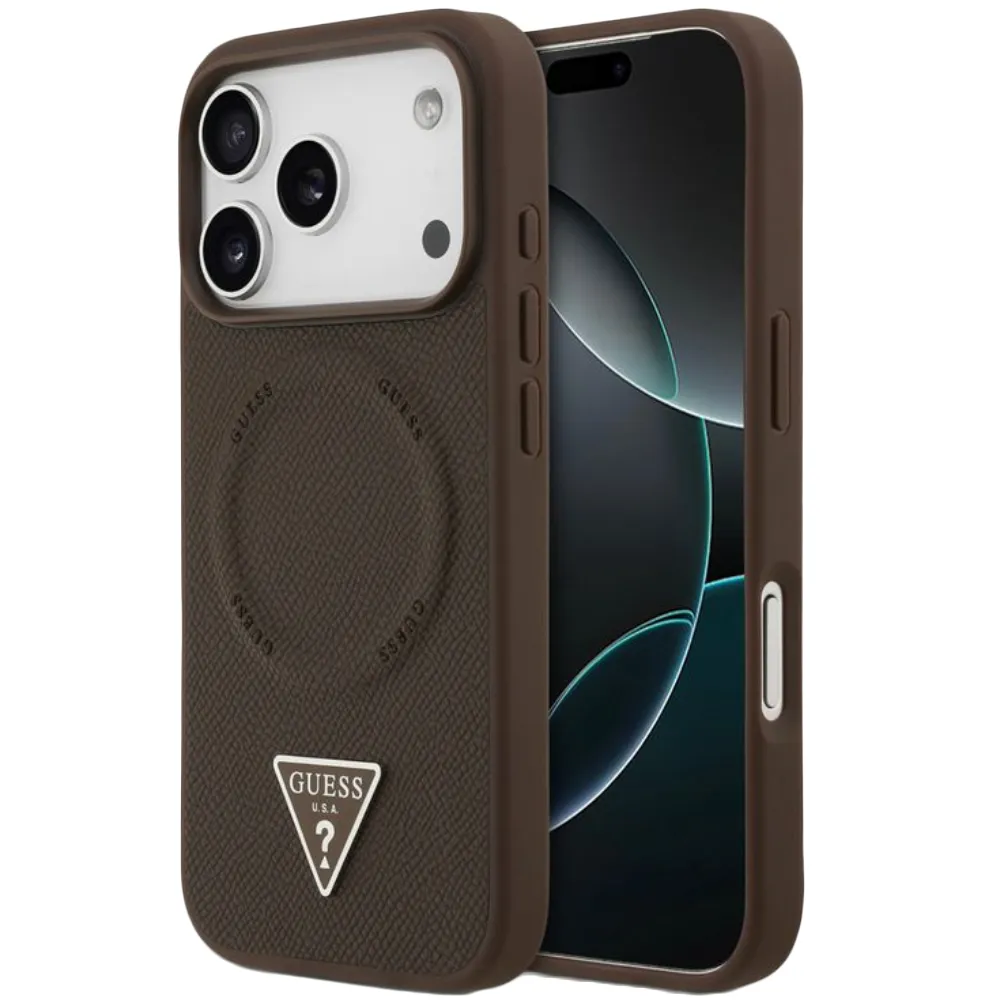 Guess MagSafe PU Leder Case mit Dreieck Logo für iPhone 17 Pro Max - Braun