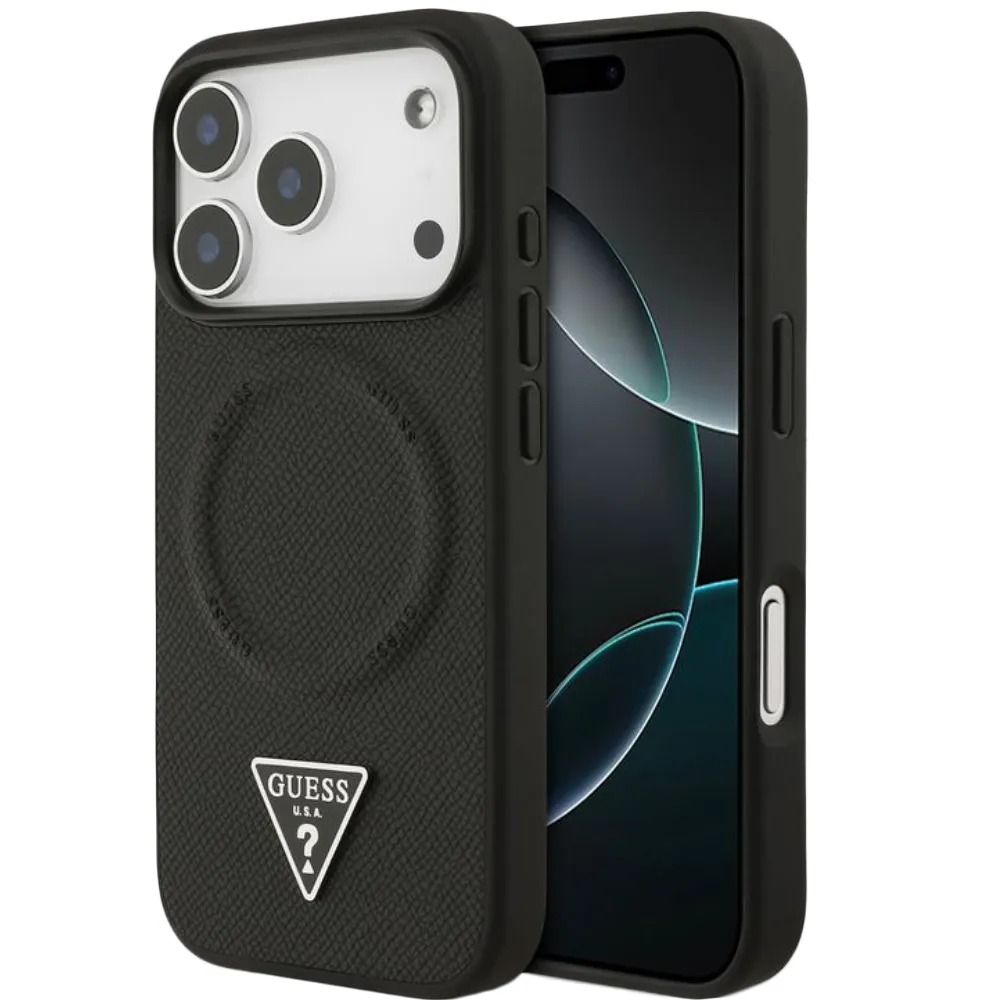 Guess MagSafe PU Leder Case mit Dreieck Logo für iPhone 17 Pro - Schwarz