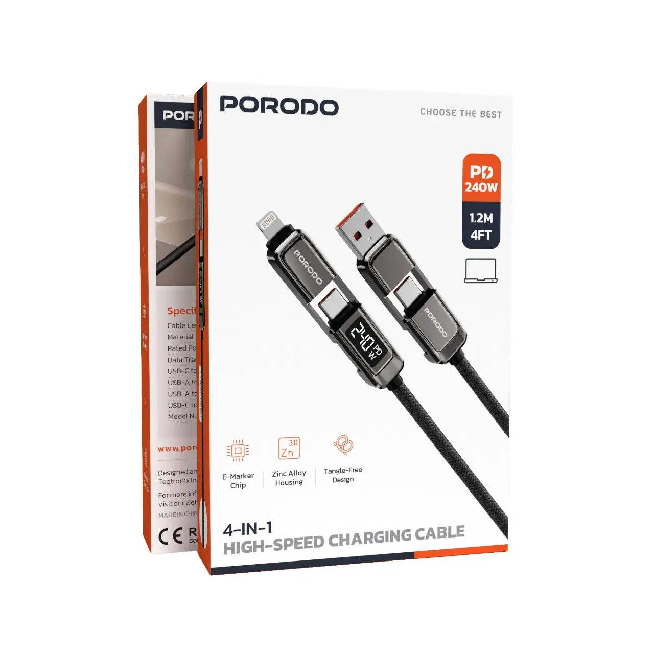 Porodo 4-in-1 Ladekabel mit 240W Digital-Display - Grau