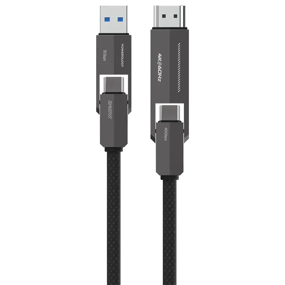 Powerology 4 IN 1 USB-C zu HDMI zu USB-C Kabel- Schwarz