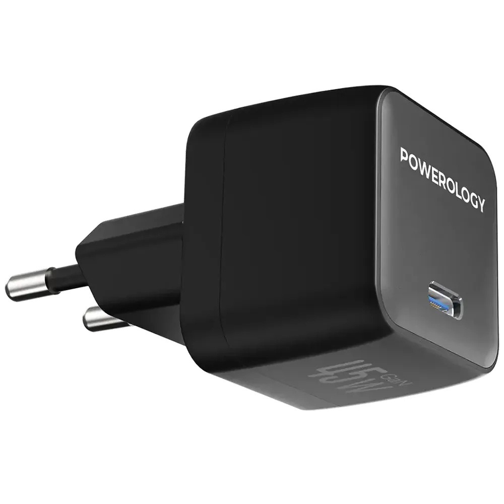 Powerology QX 45W Single Port Type C EU GaN Adapter C zu C Kabel- Schwarz/Grau