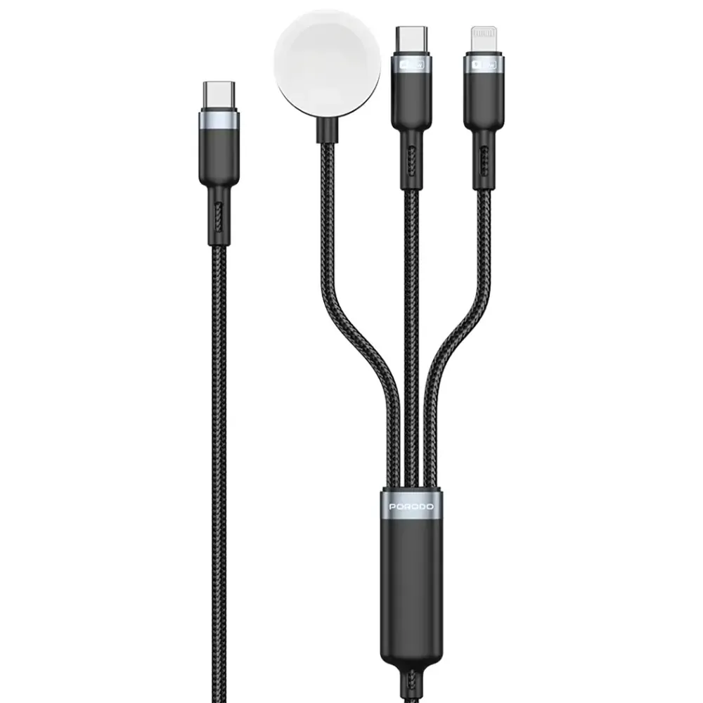 Porodo TrioLink 3-in-1 Ladekabel 60W USB-C + Lightning + Apple Watch Schwarz
