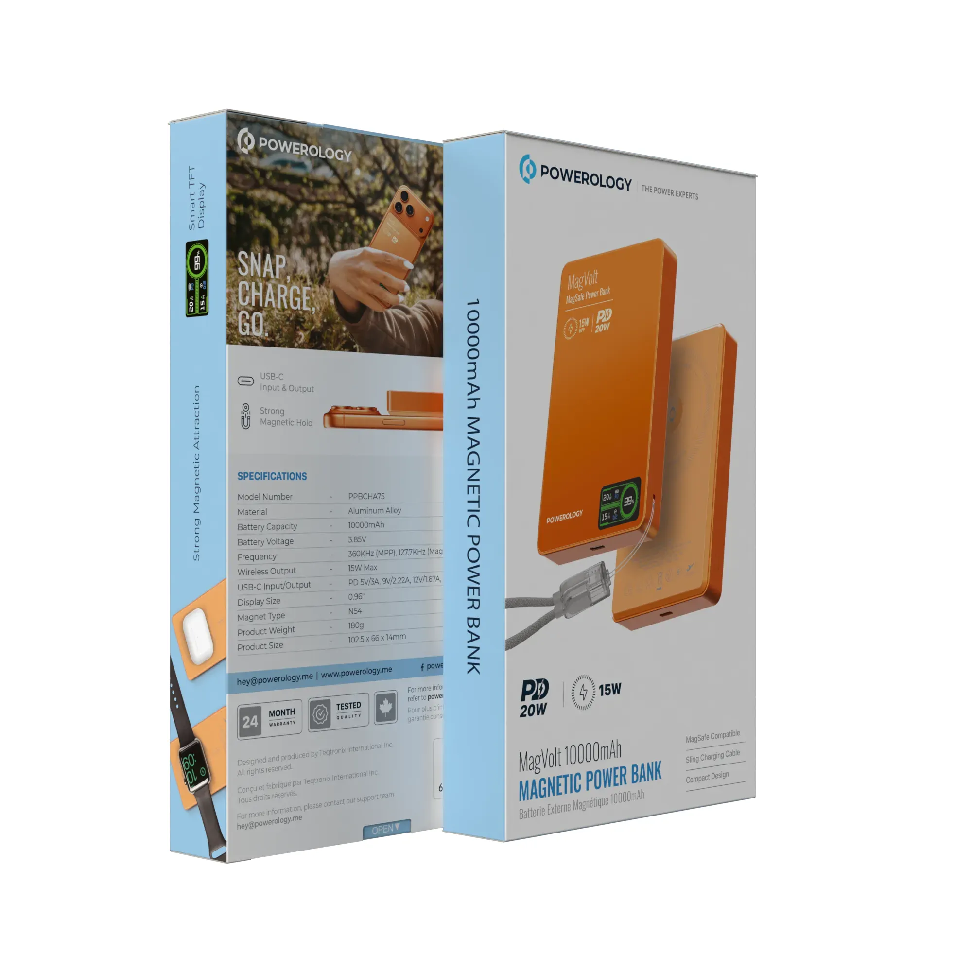 Powerology Magvolt 10000 mAh Magsafe, Airpod, Watch mit Display Orange