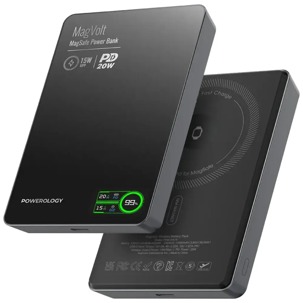 Powerology Magvolt 10000 mAh Magsafe, Airpod, Watch mit Display Schwarz