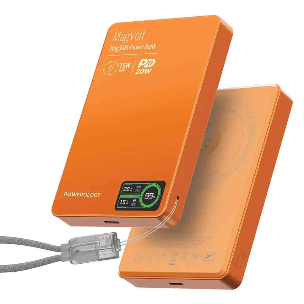 Powerology Magvolt 10000 mAh Magsafe, Airpod, Watch mit Display Orange