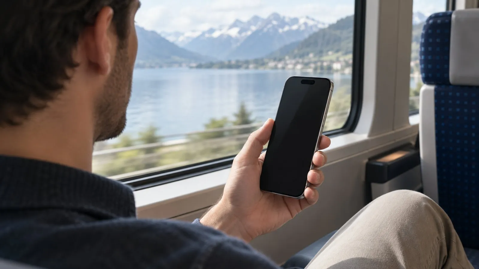 Pendler im Zug hält ein iPhone mit Privacy-Panzerglas, von der Seite wirkt das Display schwarz