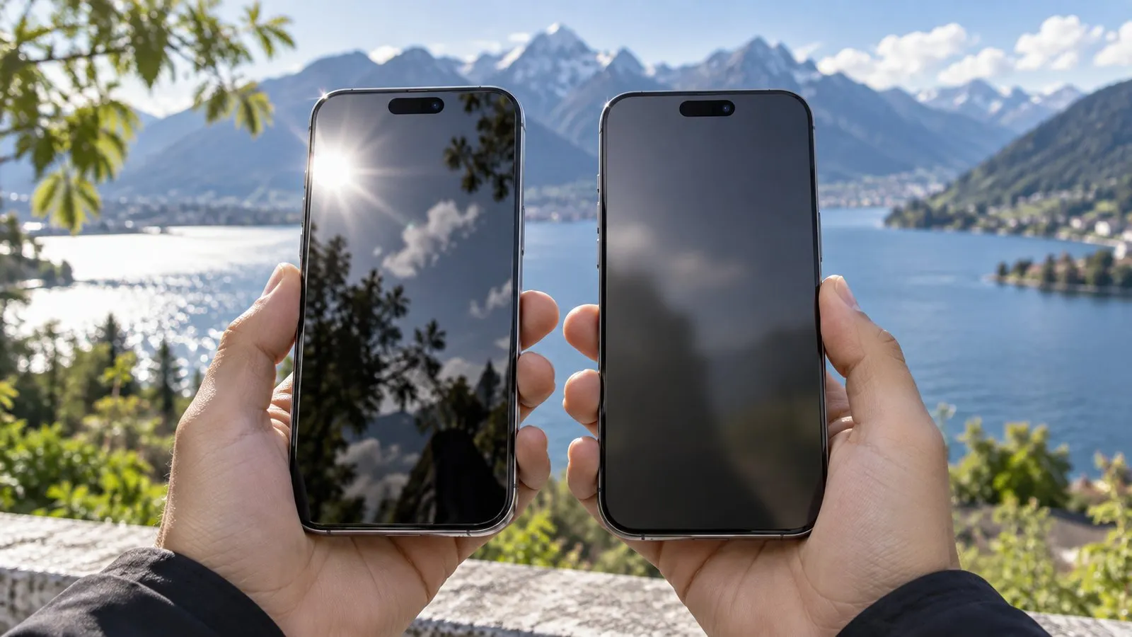 Vergleich: glänzendes Display mit starker Spiegelung neben einem matten Display mit weniger Reflexionen