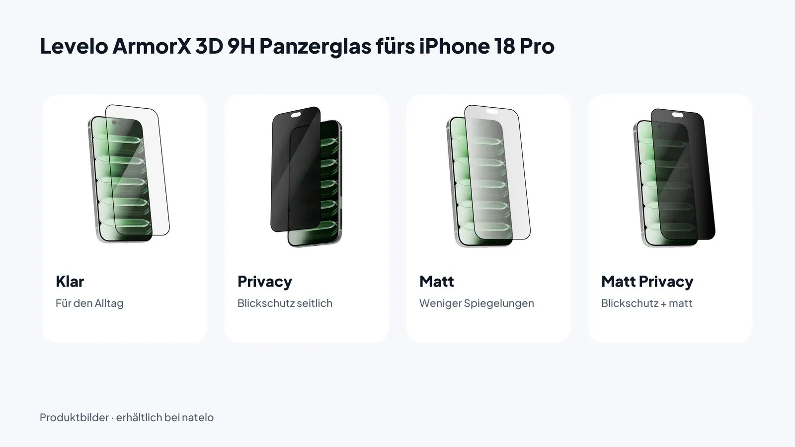 Levelo ArmorX 3D 9H Panzerglas fürs iPhone 18 Pro in den Varianten Klar, Privacy, Matt und Matt Privacy
