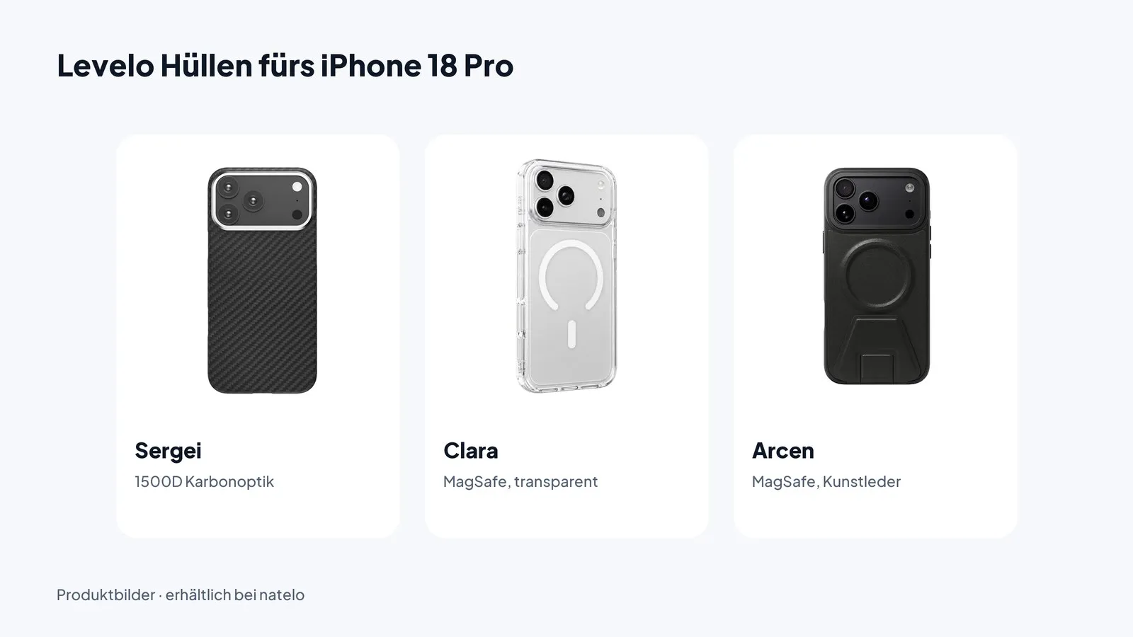 Levelo Hüllen fürs iPhone 18 Pro: Sergei in Karbonoptik, Clara transparent mit MagSafe und Arcen aus Kunstleder mit MagSafe